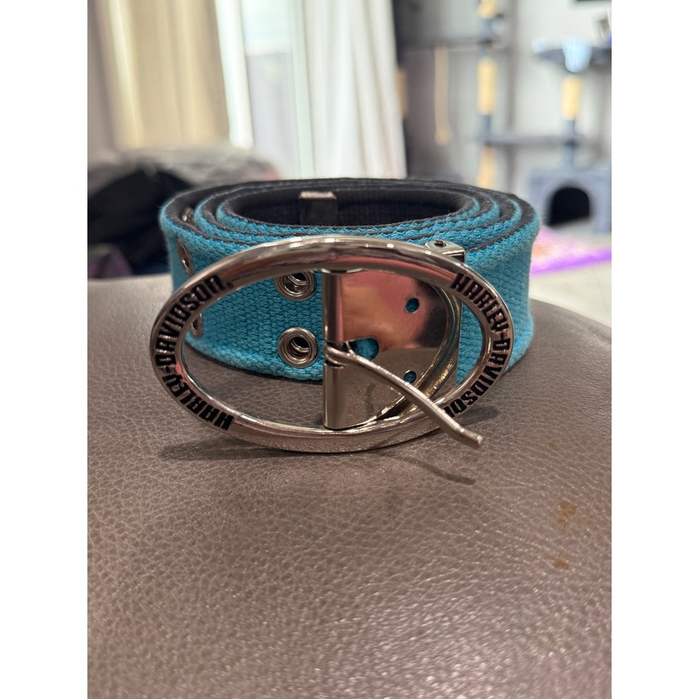 Harley Davidson Turquoise‎ Blue Canvas Webbed Double Grommet Belt Silver Buckle